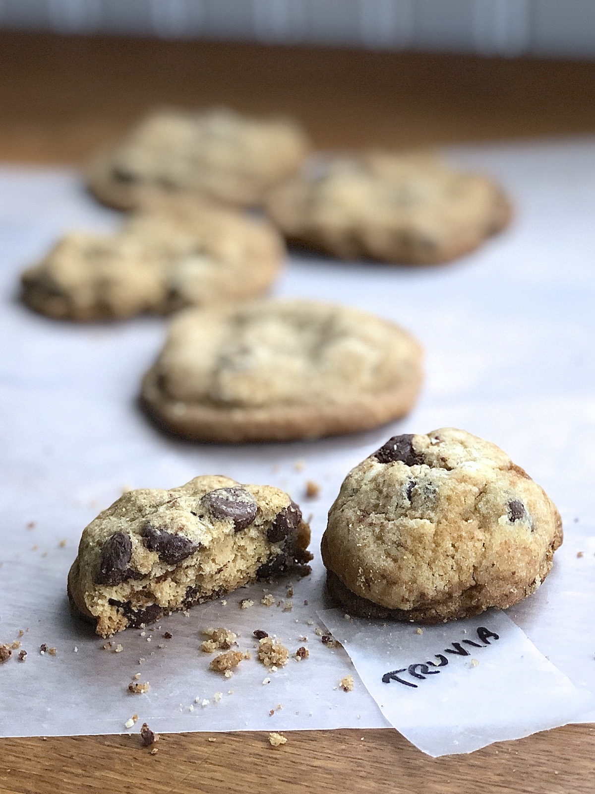 Chocolate chip cookies baked with Truvia, showing their thick texture and crumbliness.
