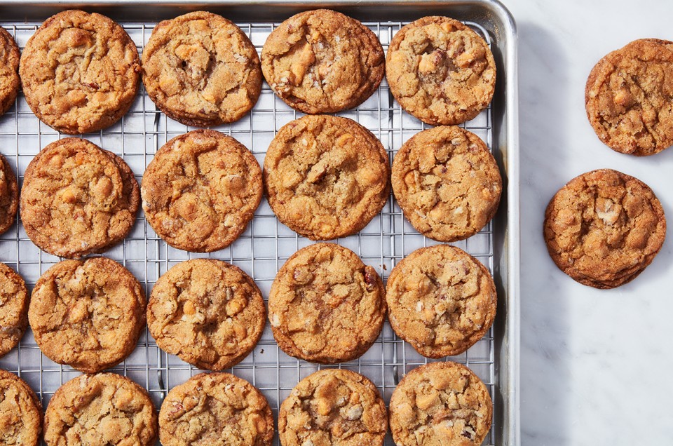 Salty-Sweet Butter Pecan Cookies on a rack - select to zoom