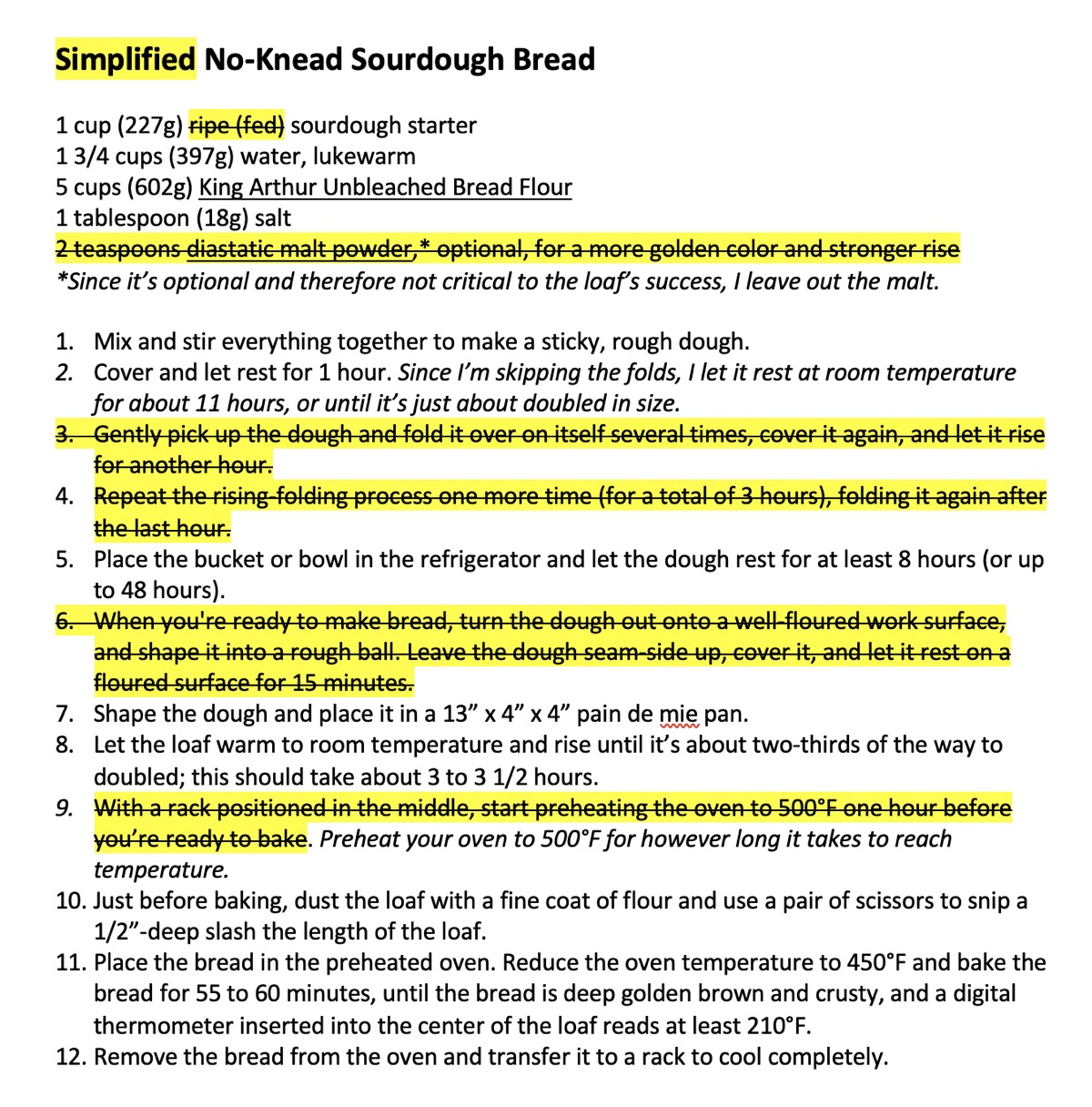 Written directions for No-Knead Sourdough Bread, with some of the steps crossed out.