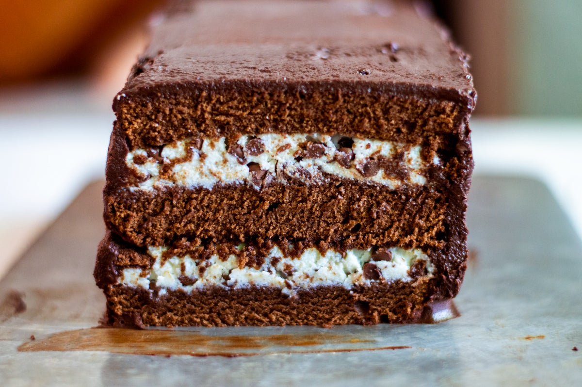 Chocolate Cassata, sliced to show interior layers