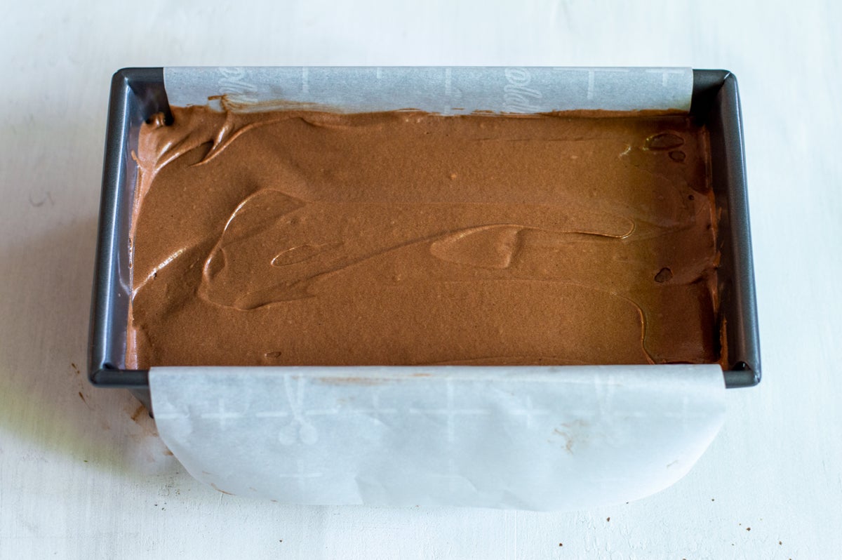 Chocolate Cassata batter in loaf pan