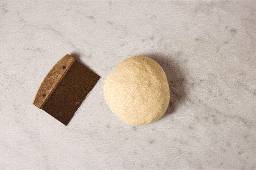 An animation showing how to use a bench knife to equally portion a ball of dough into 8 pieces and then roll each into a perfect ball.