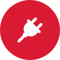A white plug icon over a red background for EV Charging