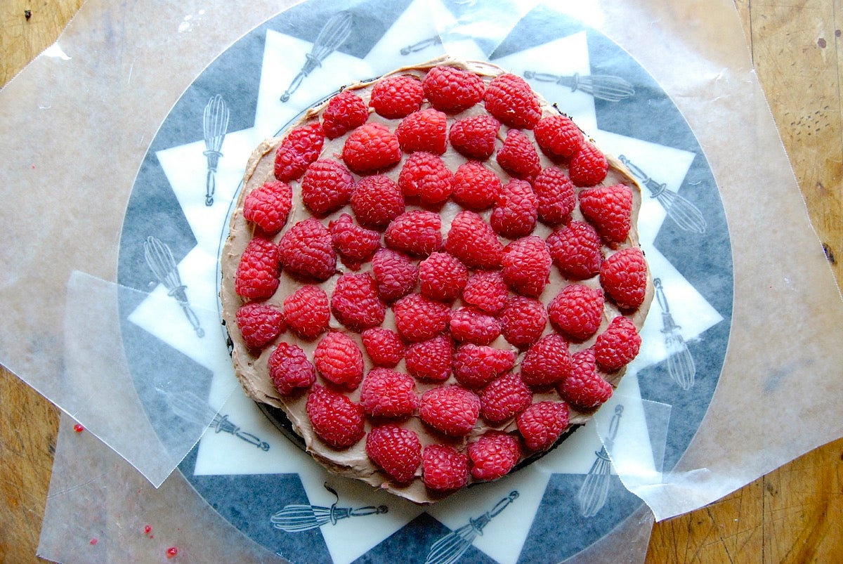 Chocolate Mousse Cake with Raspberries Bakealong via @kingarthurflour