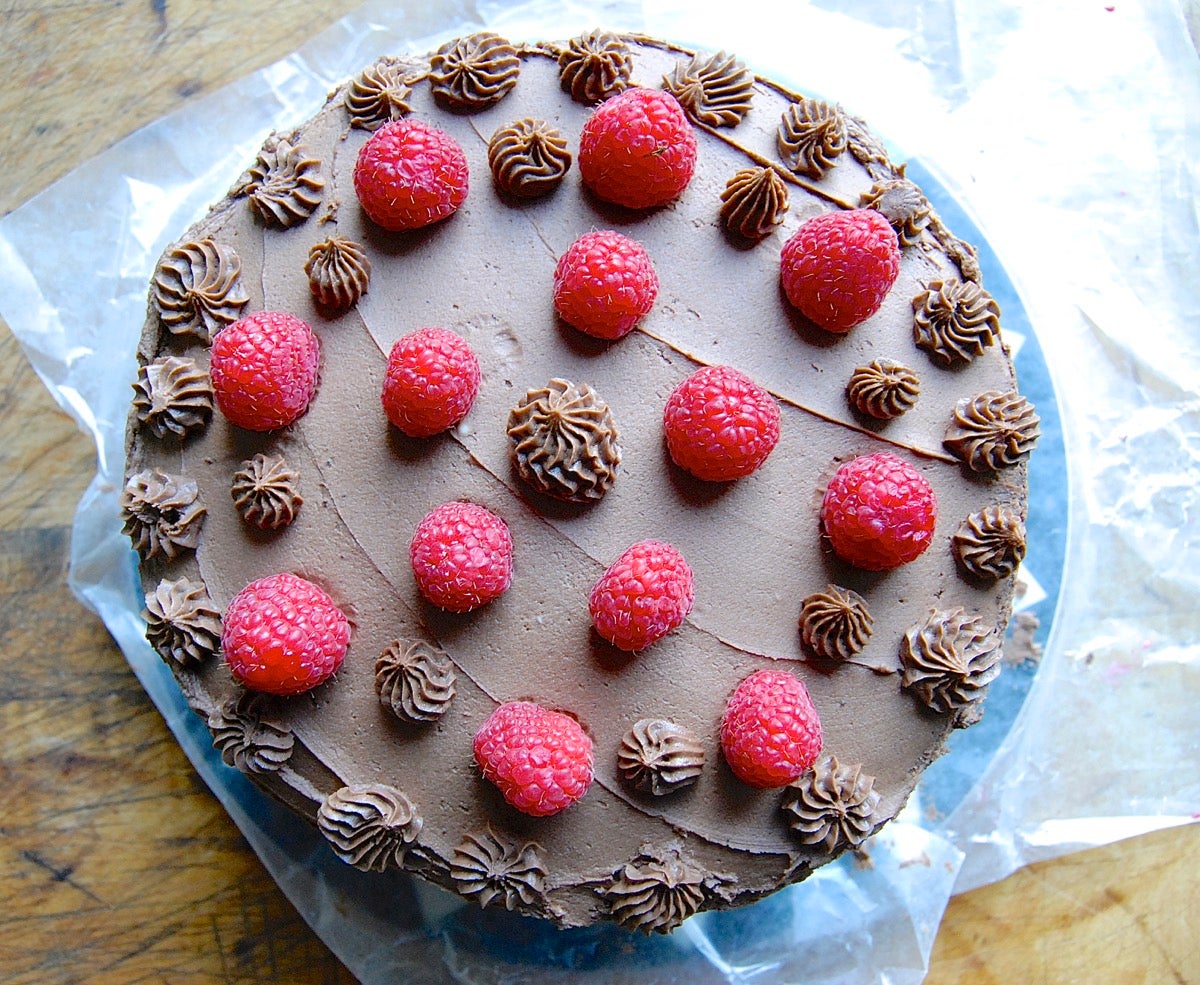 Chocolate Mousse Cake with Raspberries Bakealong via @kingarthurflour