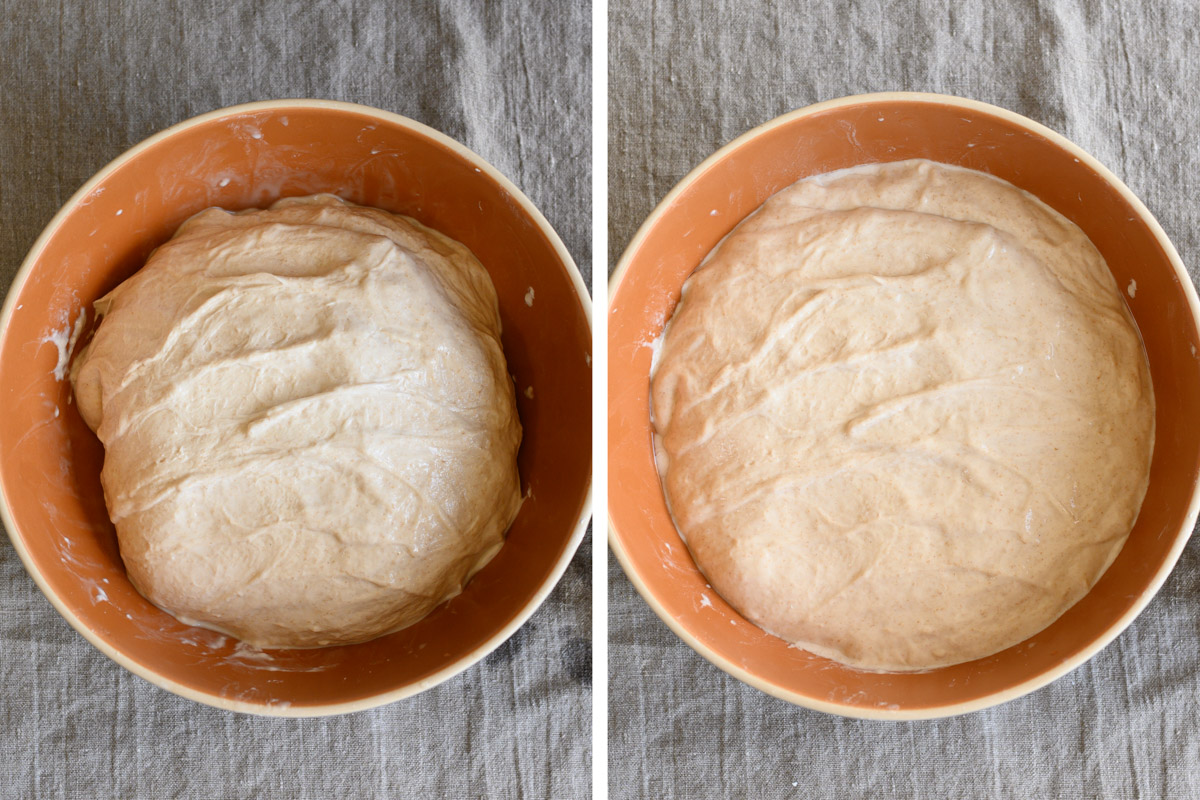 Two images of bread dough in a bowl; one after folding, the other 30 minutes later.