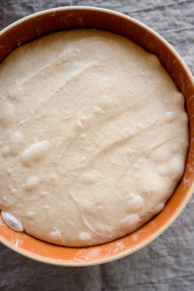 Bread dough in a bowl at the end of bulk fermentation