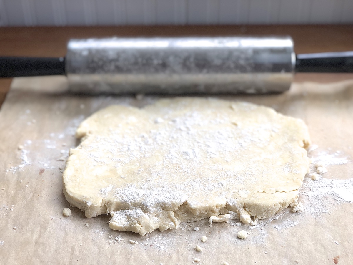 Super-flaky pie crust dough rolled into an 8" x 10" rectangle.