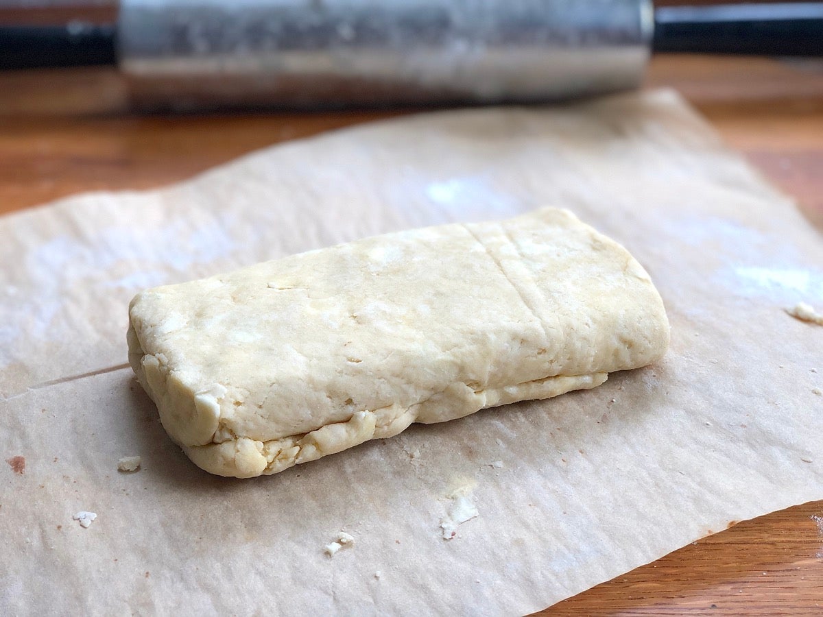 Super-flaky pie crust dough folded and ready to chill