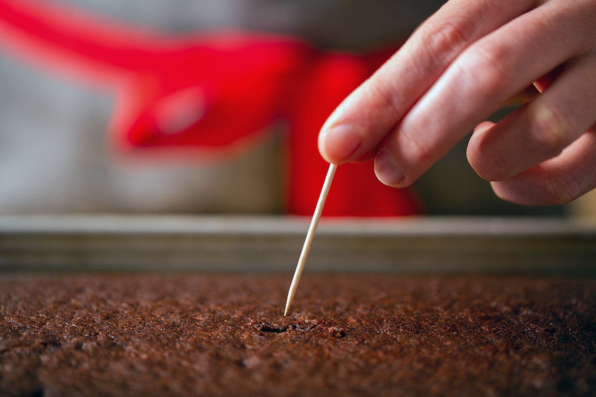 A baker inserting a toothpick into a chocolate cake to see if it's done baking