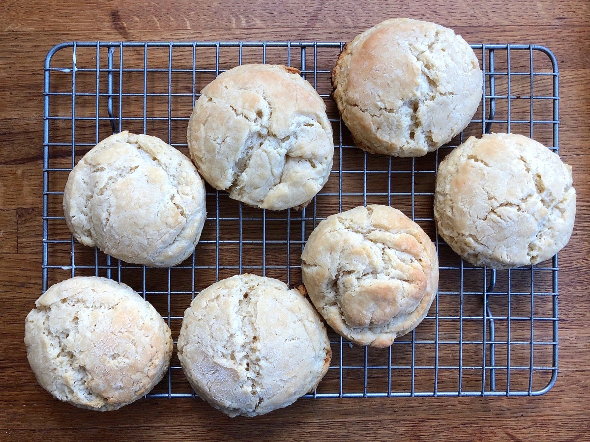 Baked biscuits cooling on a rack.