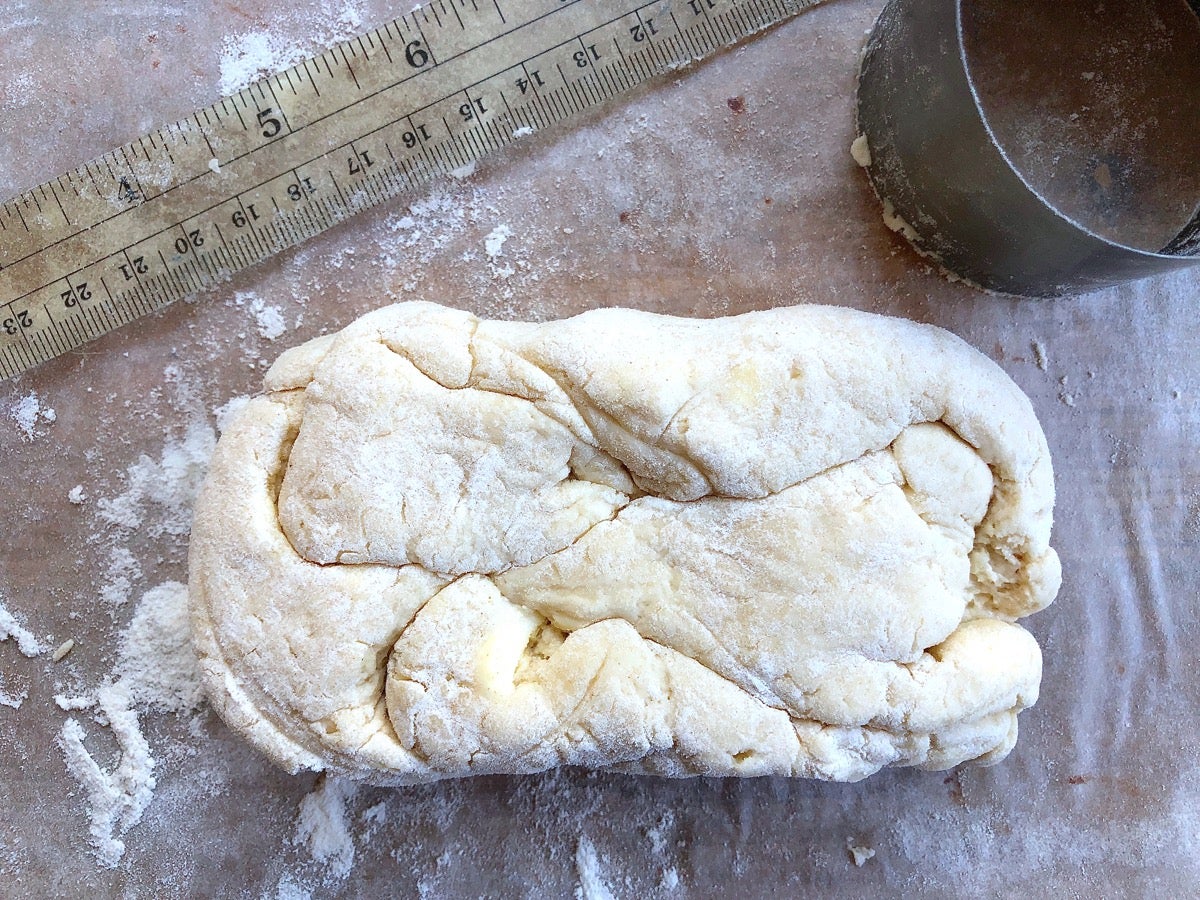 Biscuit dough scraps gathered and patted together.