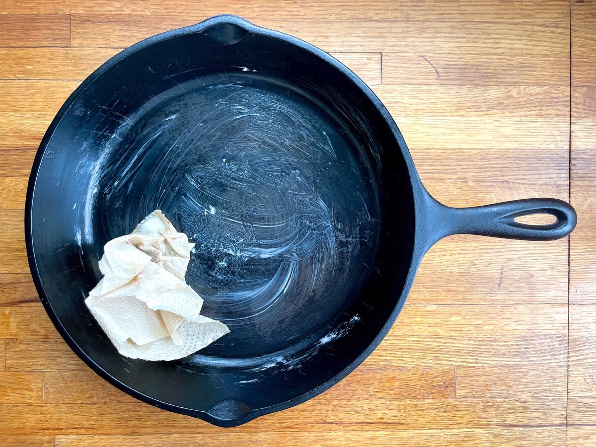 Cast iron skillet rubbed with shortening.