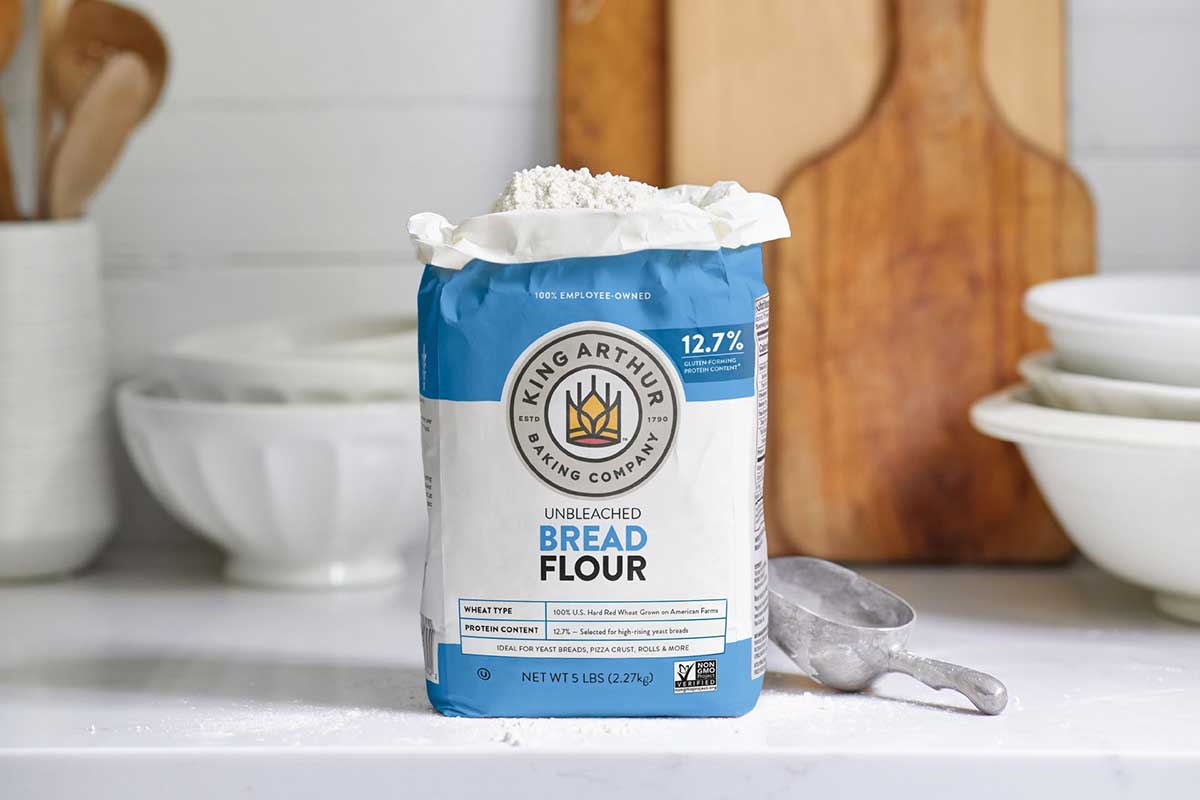 Bag of King Arthur Bread Flour on the counter