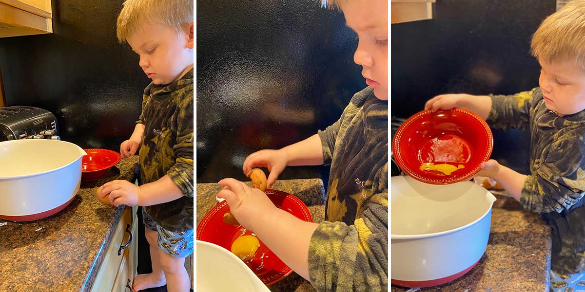 Three images showing a child learning how to crack eggs