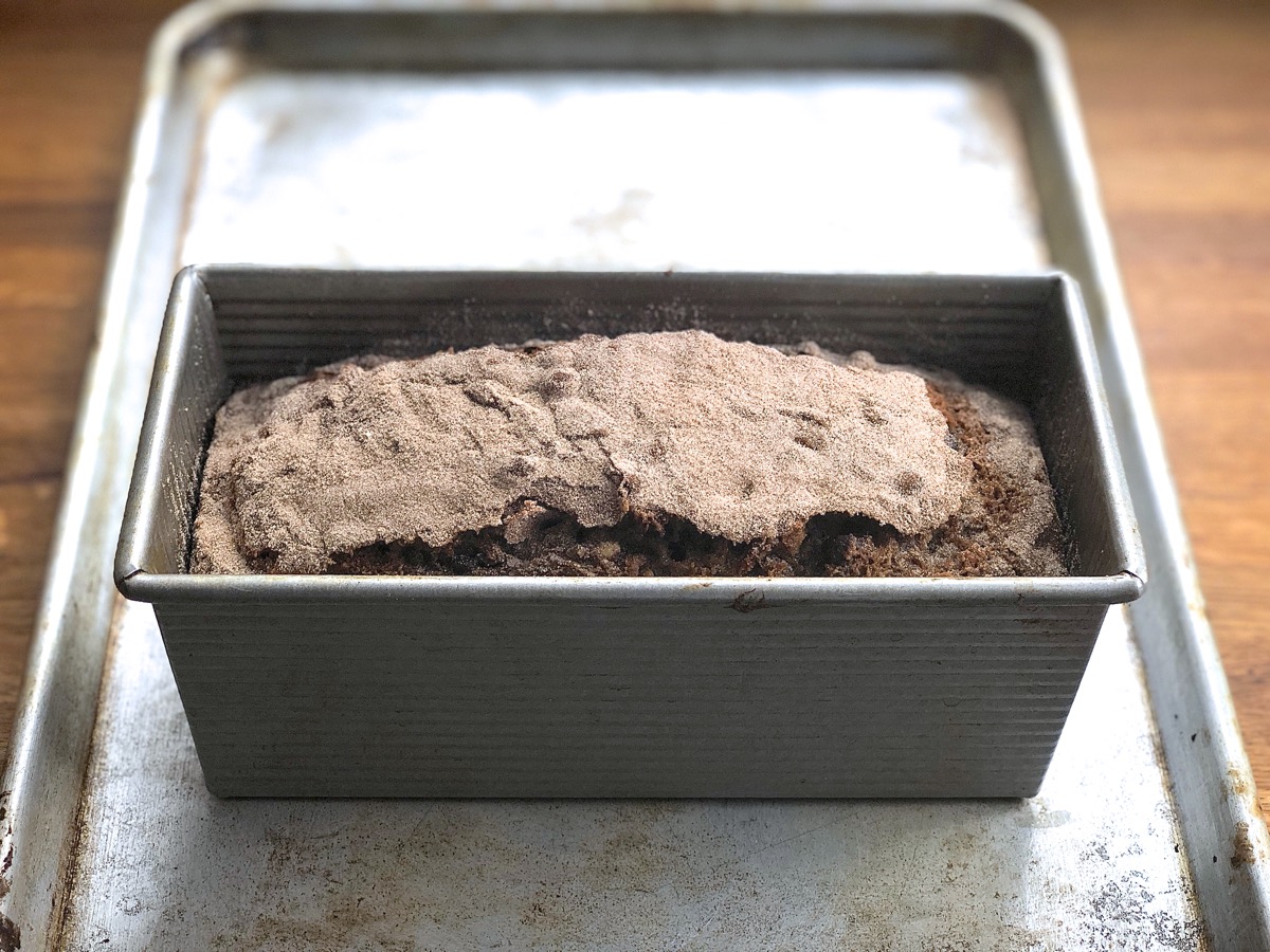Banana bread with extra chocolate chips and chopped walnuts  baked in a 9" x 4" pan