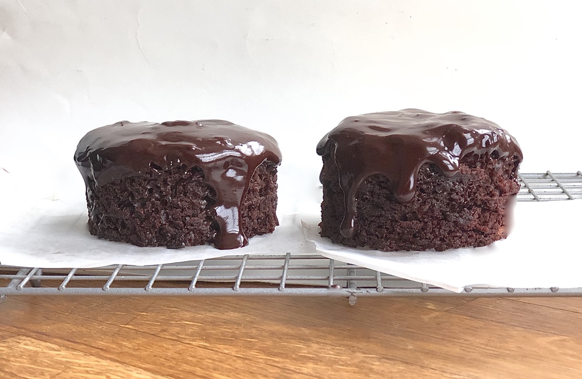 Two small round chocolate cakes with fudge frosting: one made with sourdough starter, one made without starter.