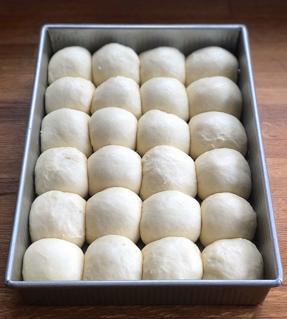 Two dozen Amish Dinner Rolls in a 9" x 13" pan, risen and ready to bake.