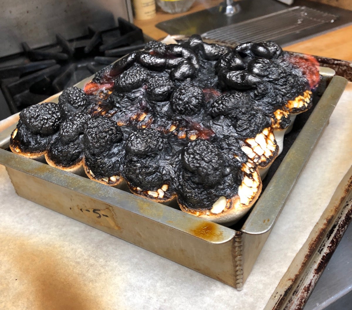 Cupcakes with burned marshmallow topping in a pan on the counter.