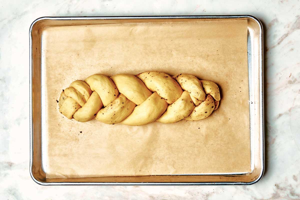 Braided babkallah loaf, ready to rise. 