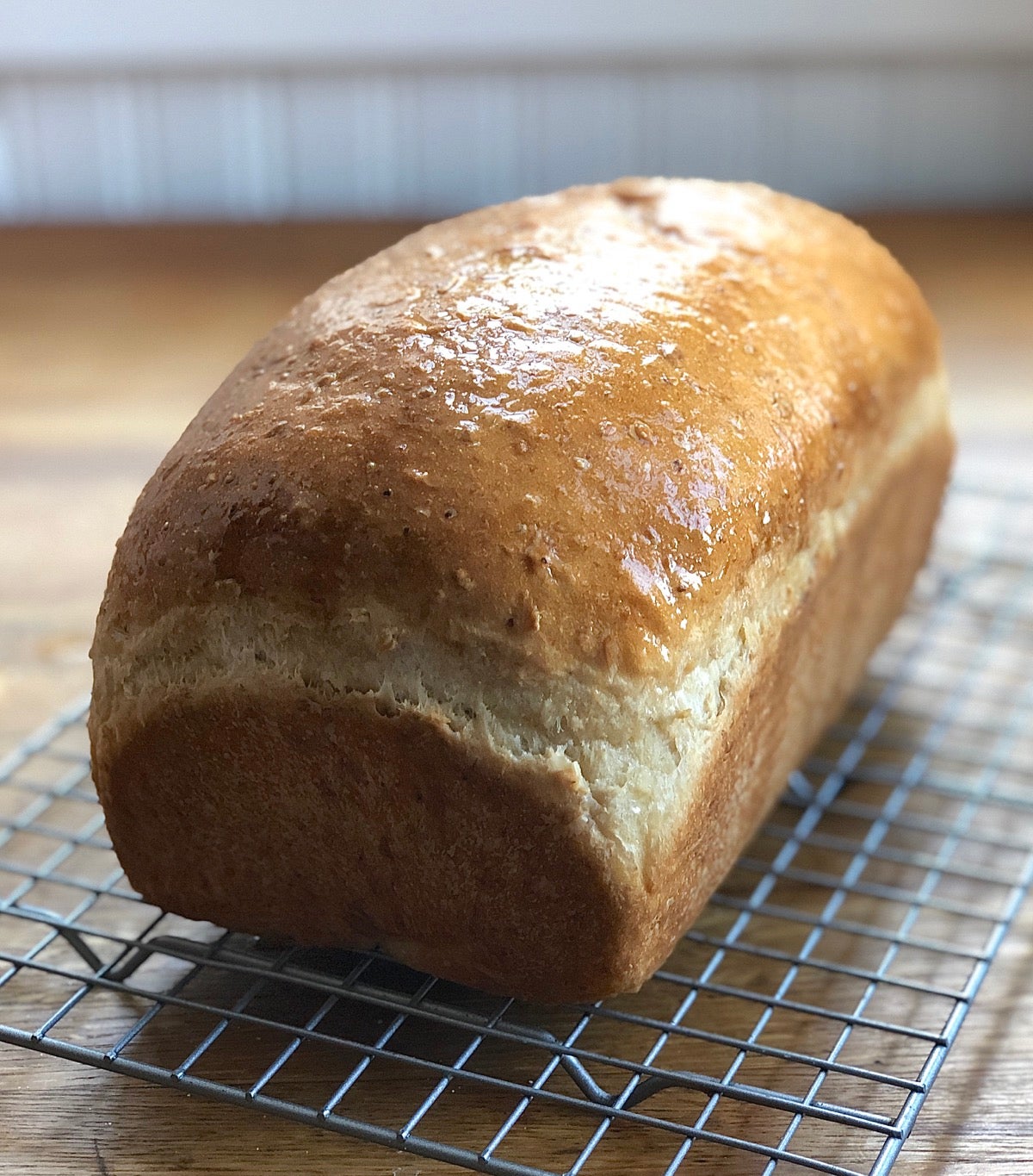 Loaf of oatmeal bread cooling on a rack