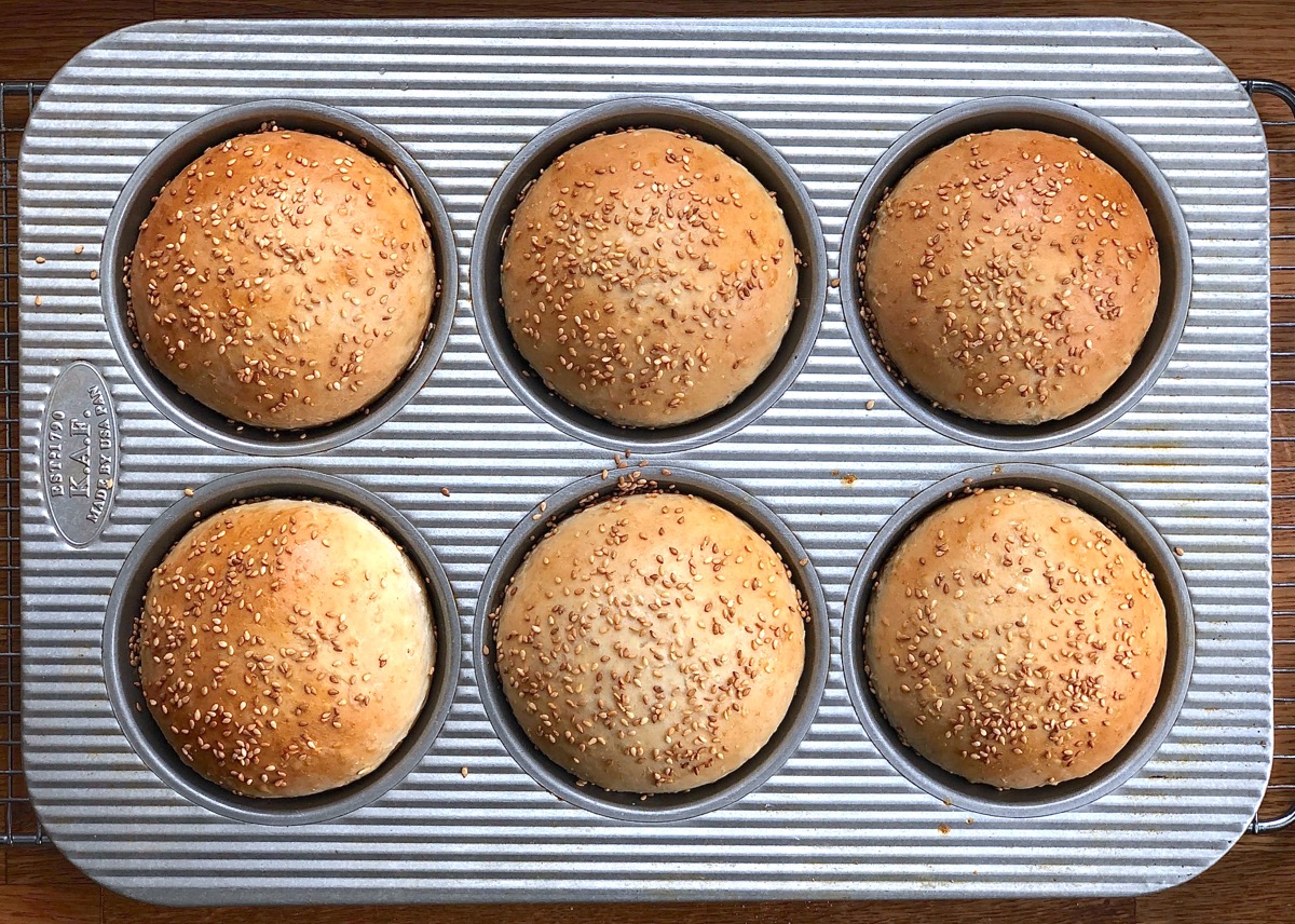 Oatmeal bread dough shaped into buns and baked in a hamburger bun pan