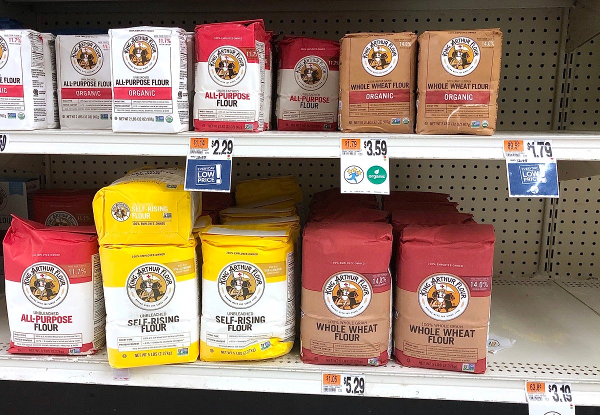 Supermarket shelves pretty empty of flour except for King Arthur Flour, which has been restocked.