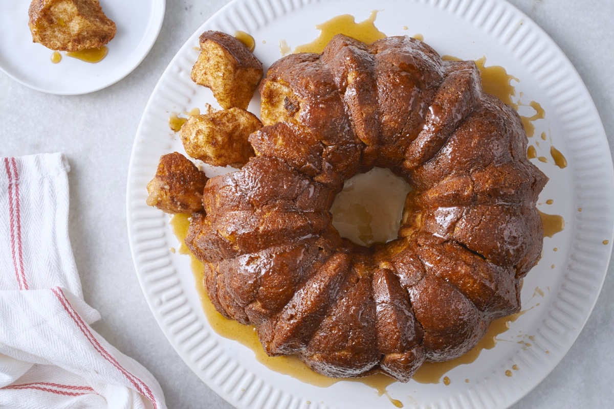 Cinnamon-sugar pull-apart bread, baked in a Bundt pan and turned out onto a serving plate.