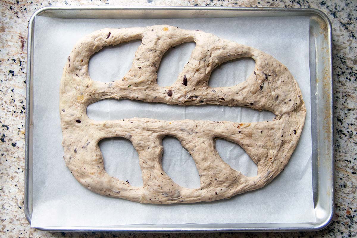 Fougasse with cut slits stretched out