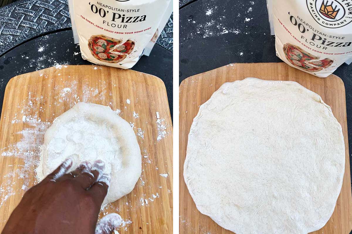 Two photos, showing pizza dough being stretched out