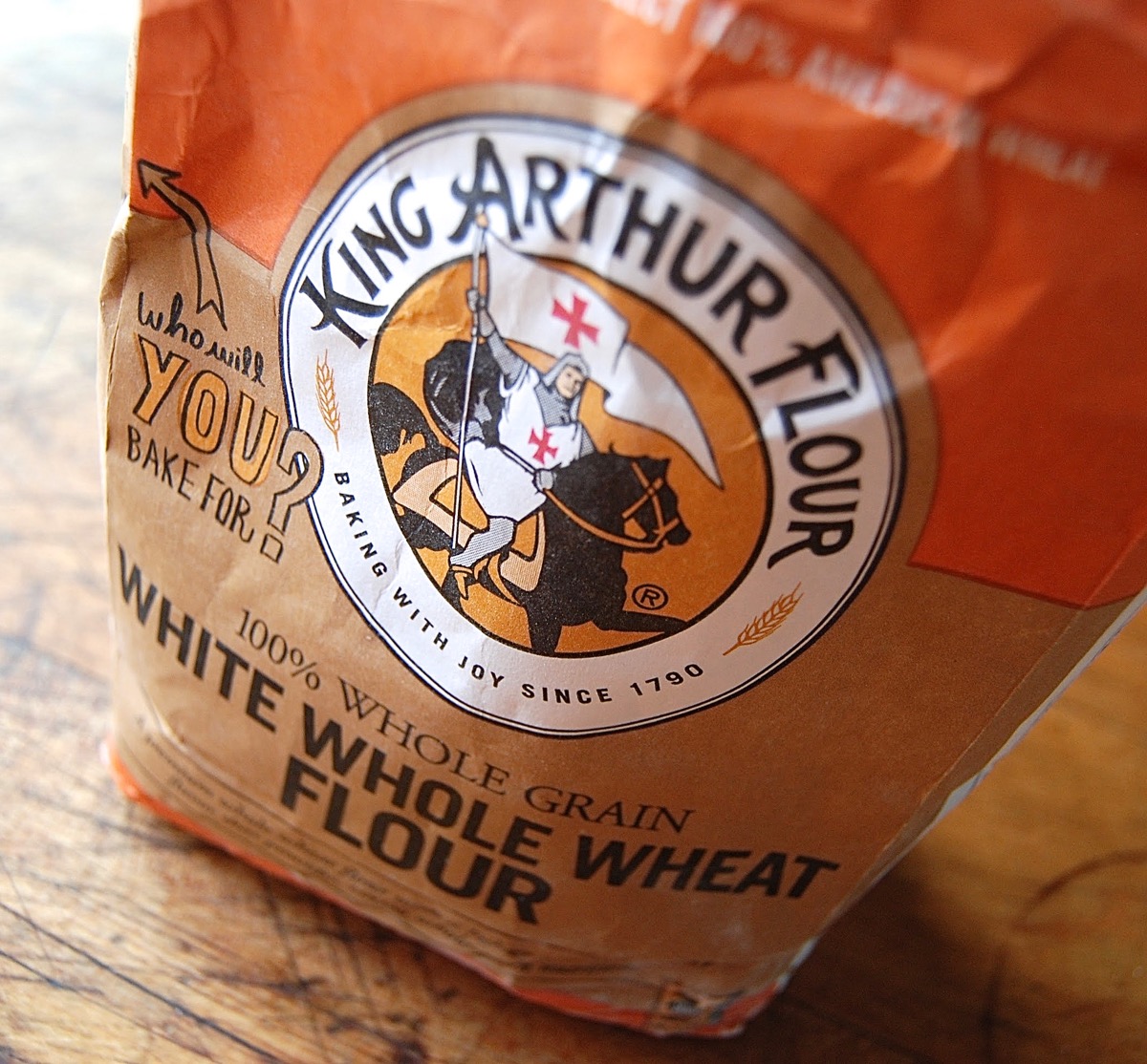 Open bag of King Arthur White Whole Wheat Flour.