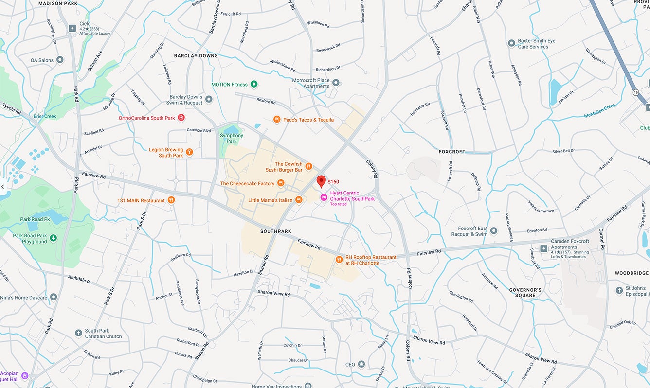 A map of Charlotte North Carolina showing a pin at the King Arthur Baking location