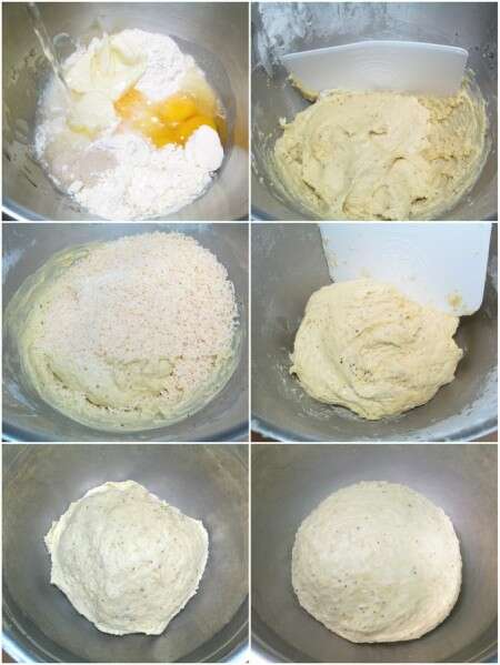 Collage showing bread dough being made