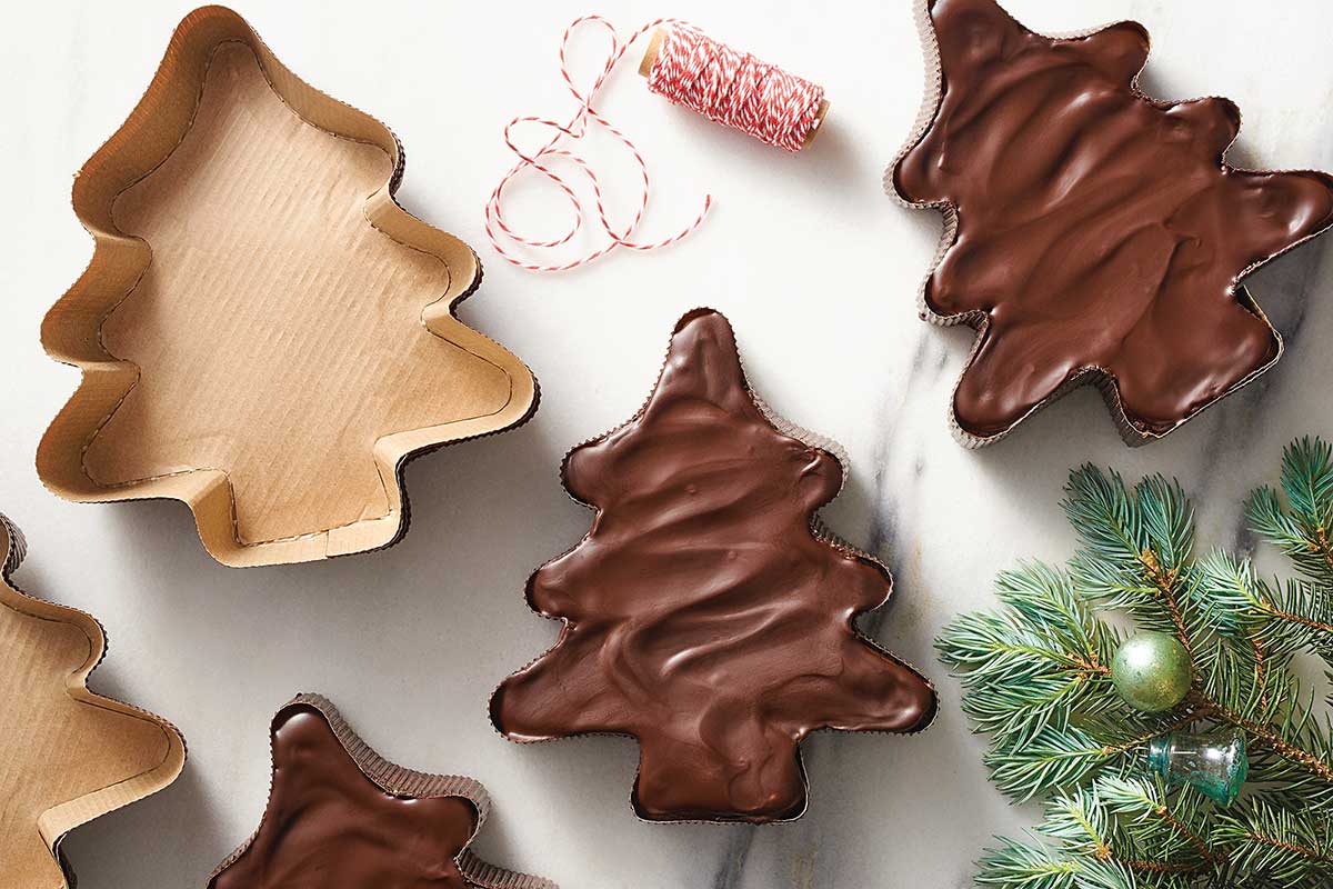 Flourless chocolate cake baked in Christmas tree shaped pans