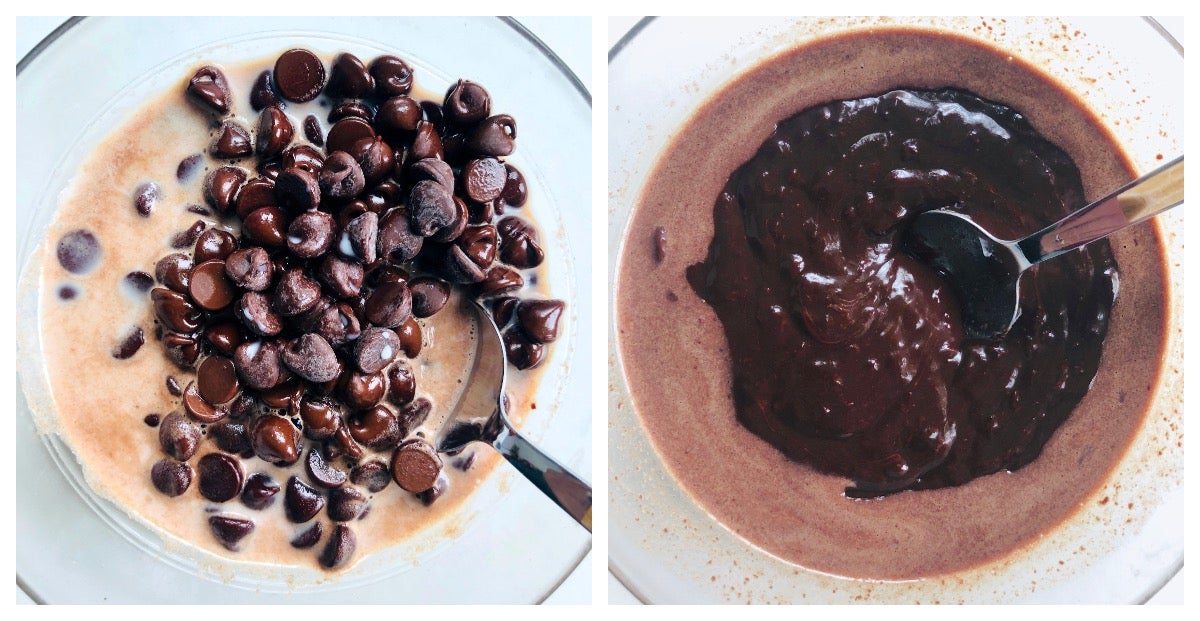 Chocolate chips and hot milk in a bowl, being stirred until smooth.