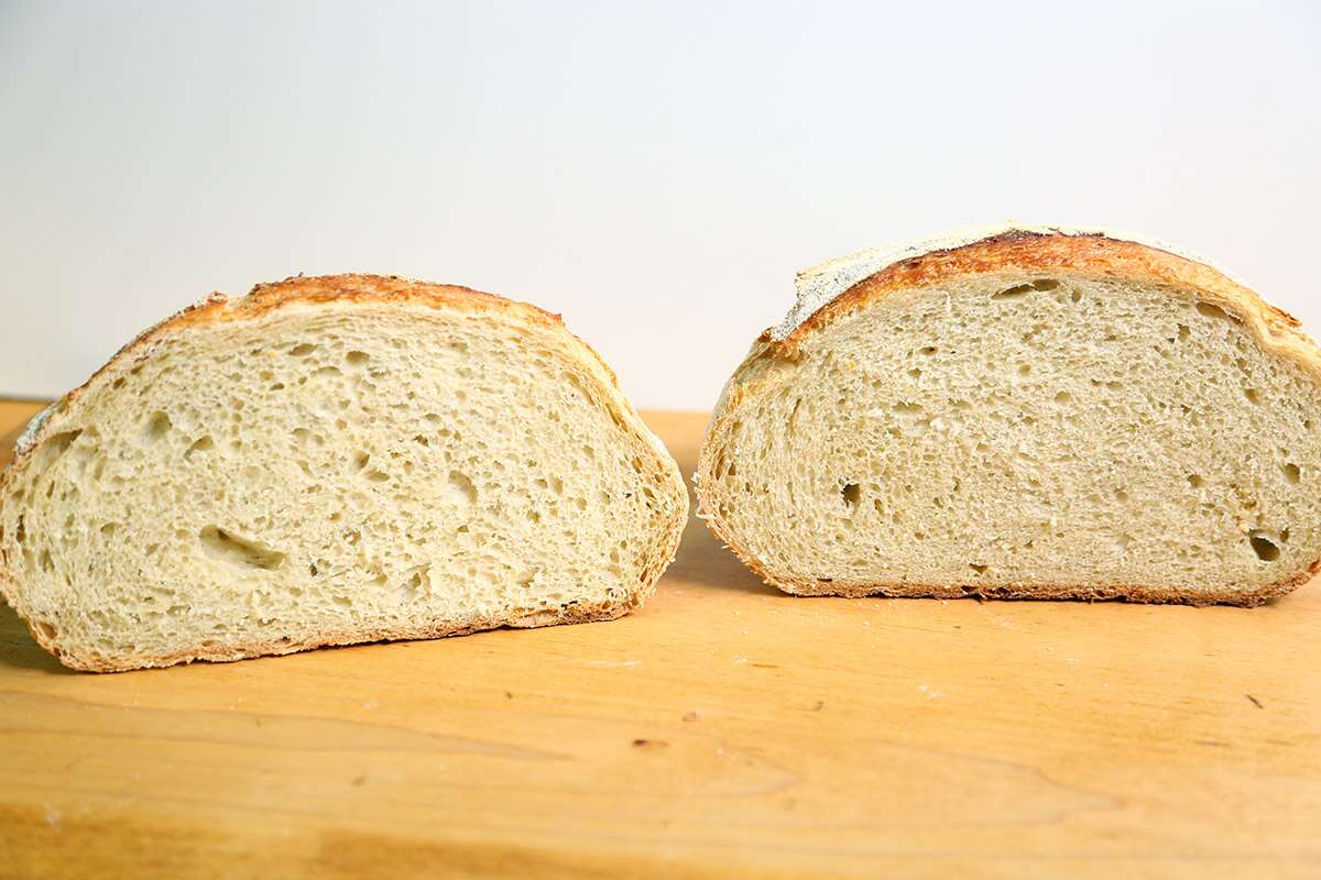 On the right is the loaf started in a cold oven, and on the left the loaf baked in a preheated pot.