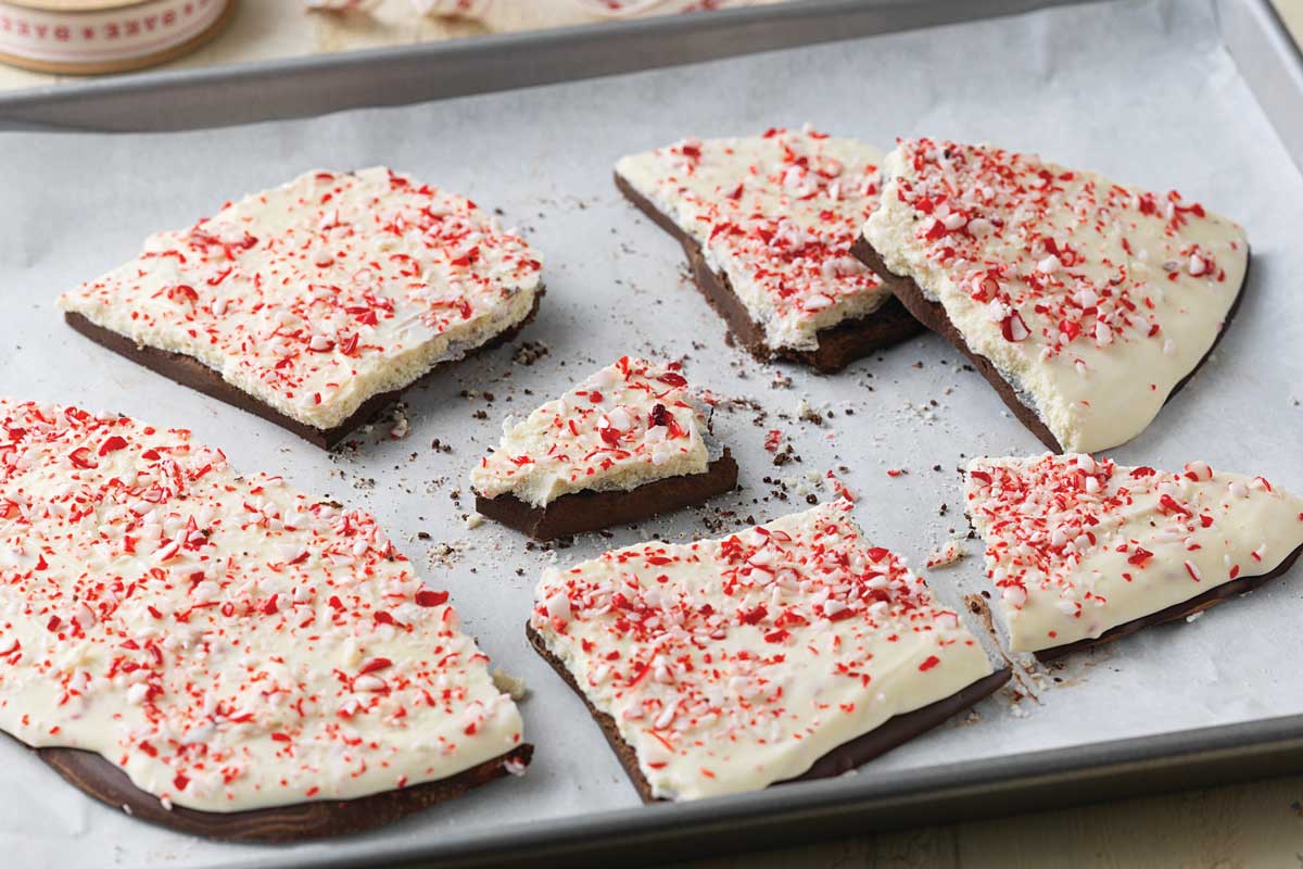 Peppermint Crunch Bark on baking sheet