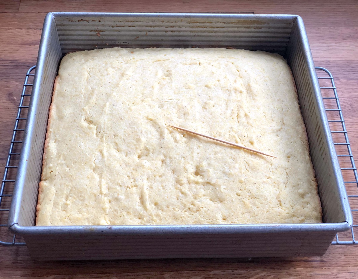 Cornbread baked in a 9" square pan