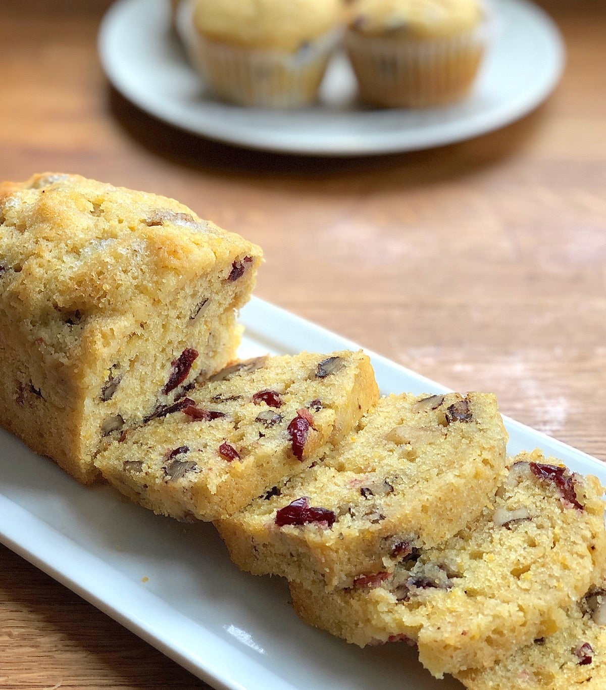 Cranberry-walnut cornbread, as a mini loaf and muffins