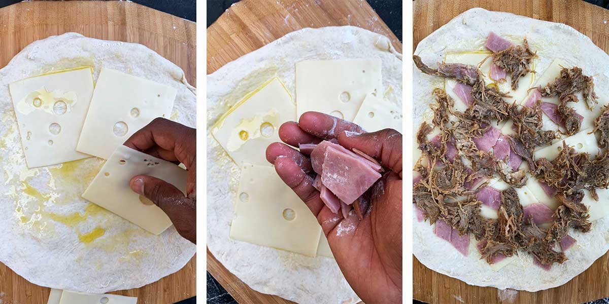 Three photos showing sequence of pizza being topped