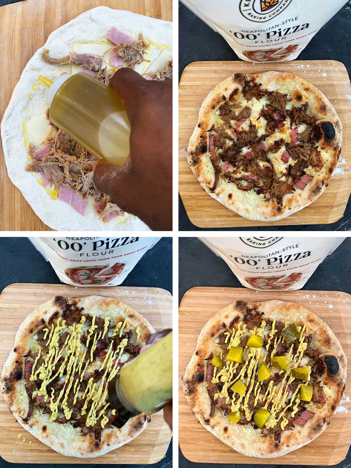 Four photos showing final pizza being topped and finished with mustard