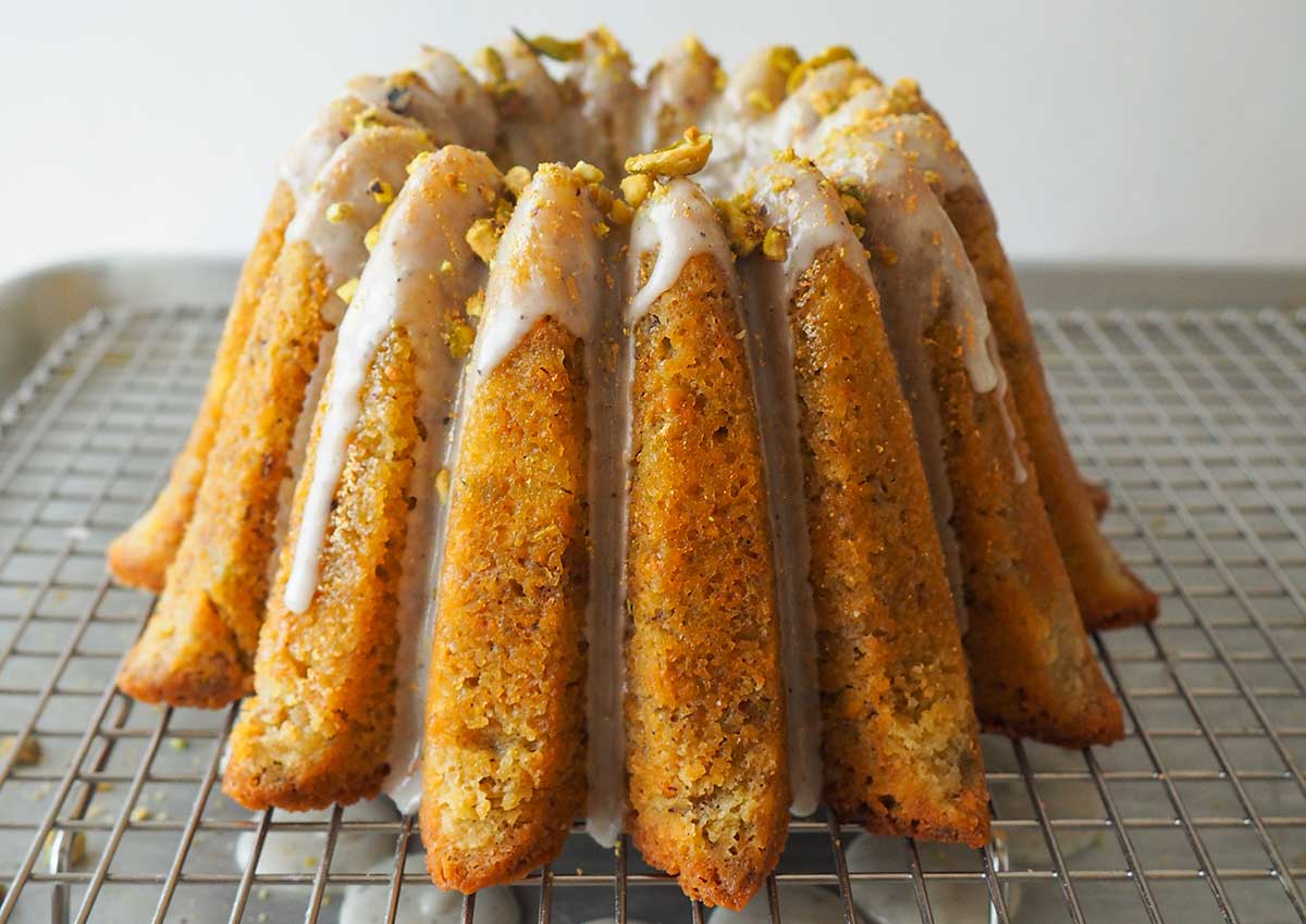 Glazed Bundt cake on cooling rack