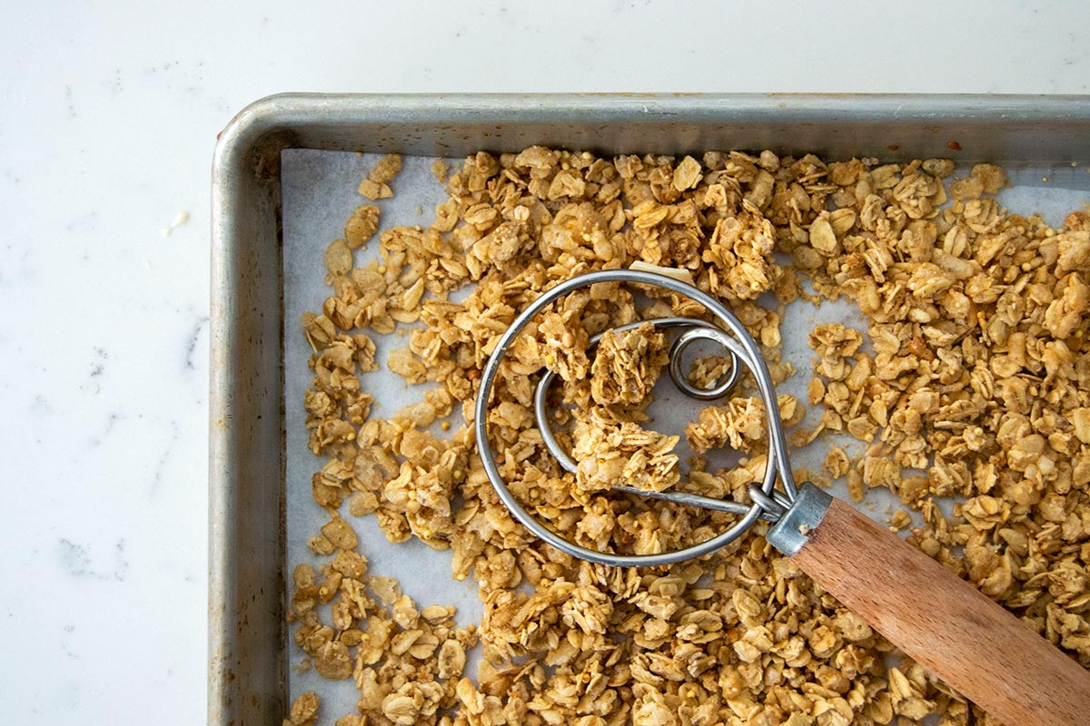 Dough whisk tossing granola