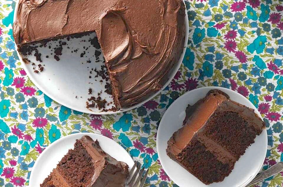 Chocolate cake frosted with chocolate frosting made from natural cocoa.