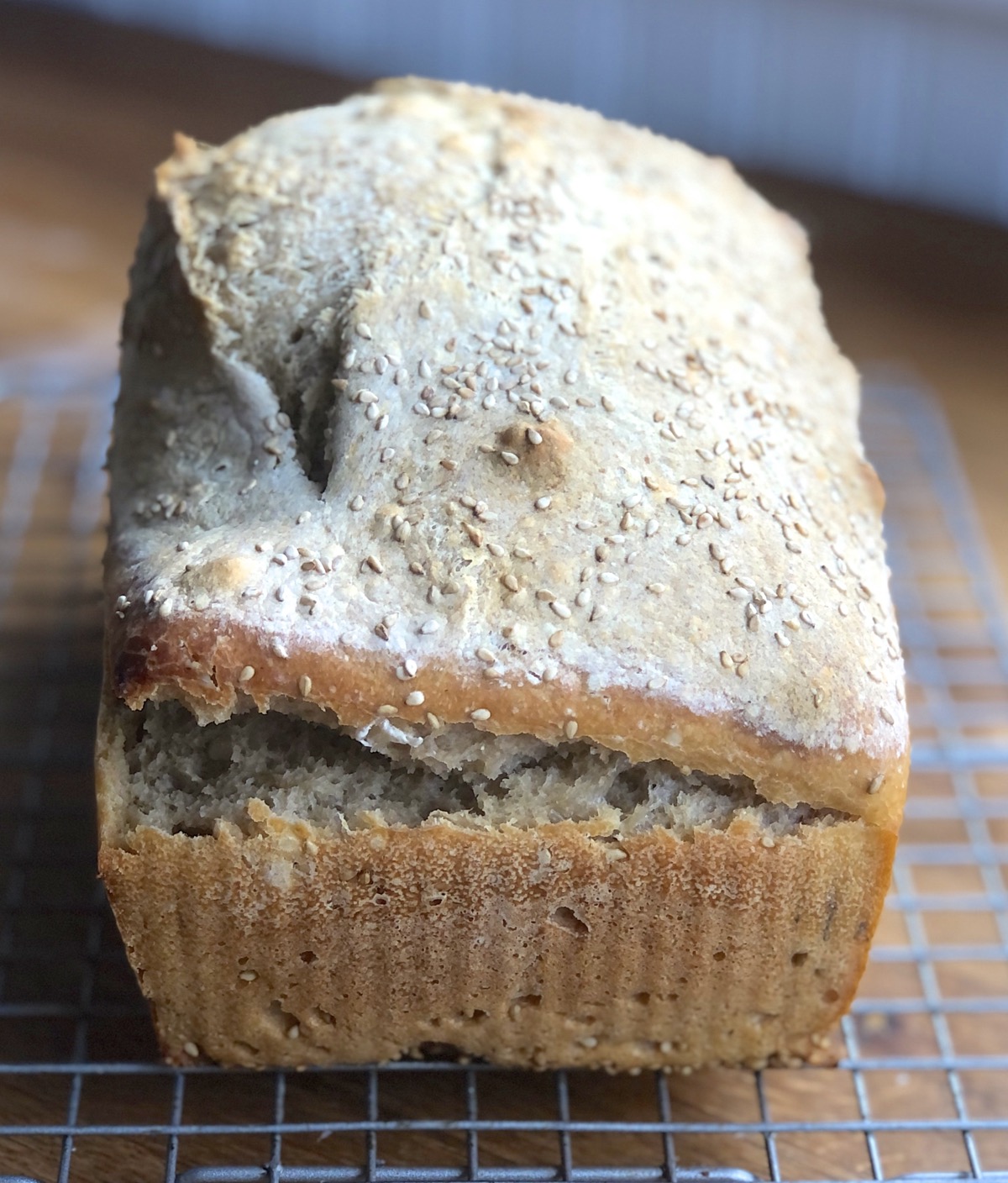 Sourdough bread baked in a 9" x 5" pan; sides split, top bumpy.