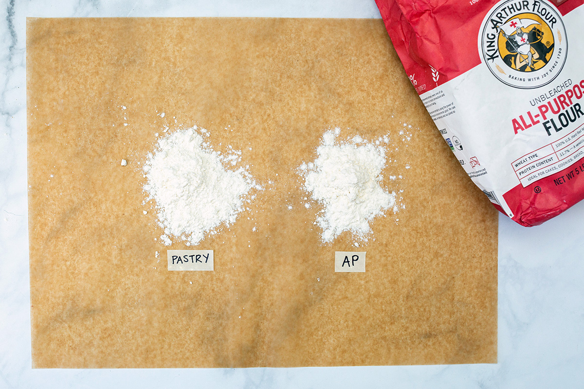 Two small piles of flour on a piece of natural parchment paper labeled with their names, Pastry Flour and All-Purpose Flour