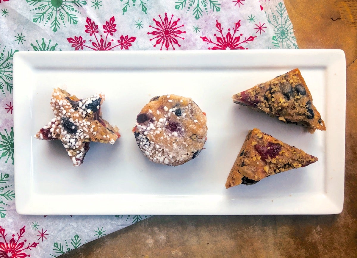 Fruitcake bars cut into star, circle, and diamond shapes