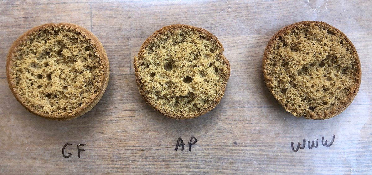 Cross-section of cupcakes baked with whole wheat flour, all-purpose flour, and gluten-free flour.