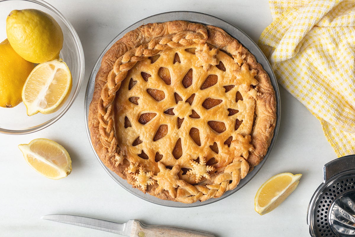 A lemon chess pie with a stencil top crust