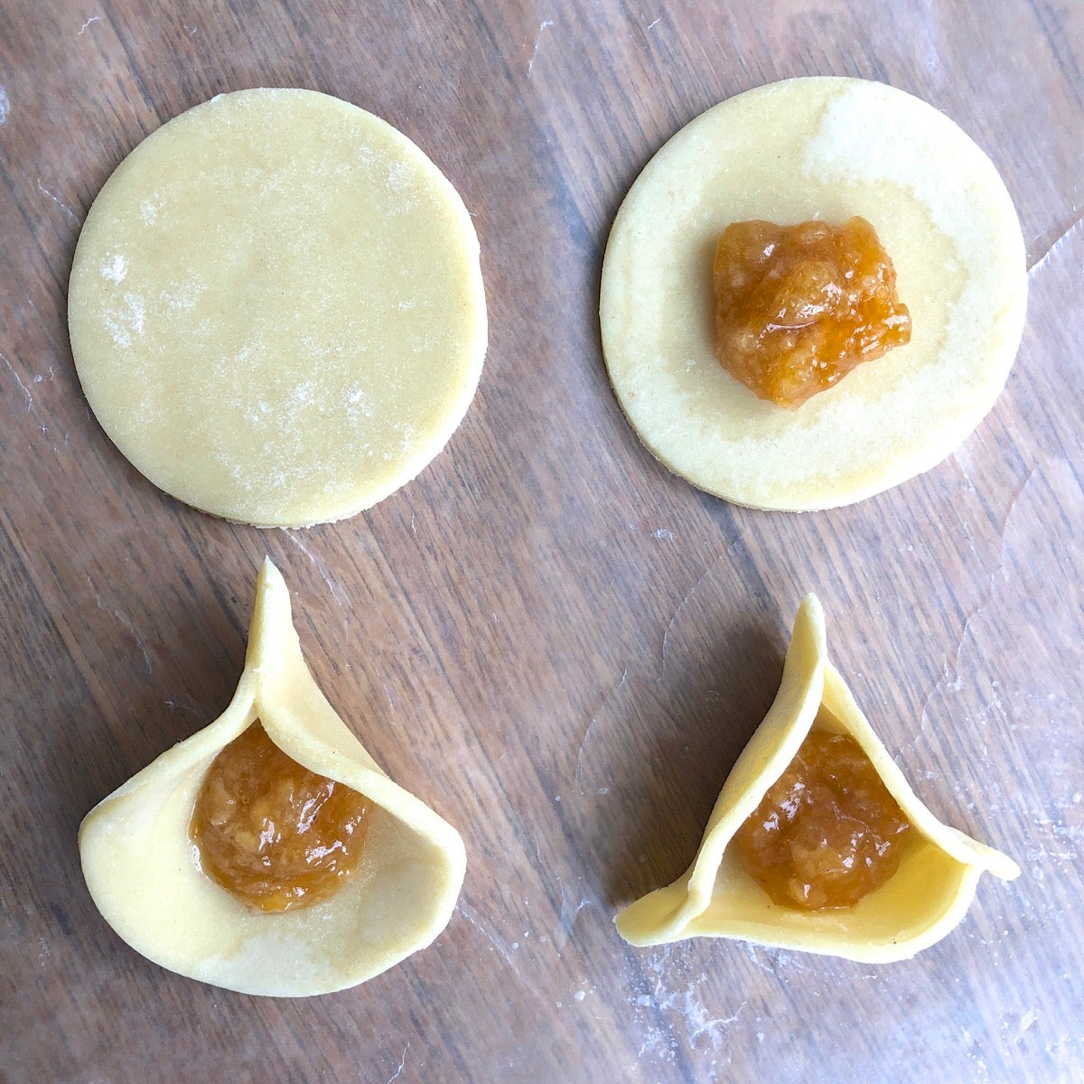 Showing how to fill and shape Hamantaschen dough: first the circle of dough, then a dollop of filling in the middle, then one side folded up, then the other two sides folded.